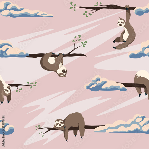 Cute sloths vector seamless pattern . Texture with cartoon animals and clouds on a pink background
