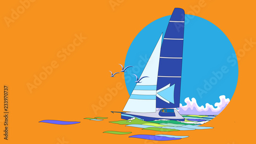 The icon of race yacht on orange background, and seascape in circle frame wich seagulls