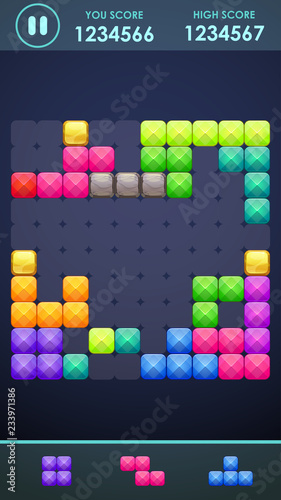 Vertical mobile phone screen with block game playing process. Colorful puzzle elements on the game board. photo