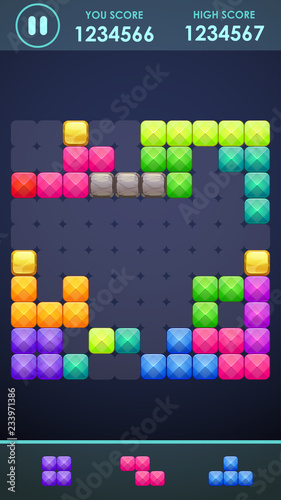 Vertical mobile phone screen with block game playing process. Colorful puzzle elements on the game board.