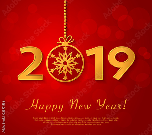Happy New Year 2019 design with golden christmas ball with snowflake.