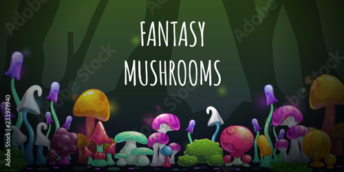 Horizontal banner with cartoon colorful fantasy mushrooms.
