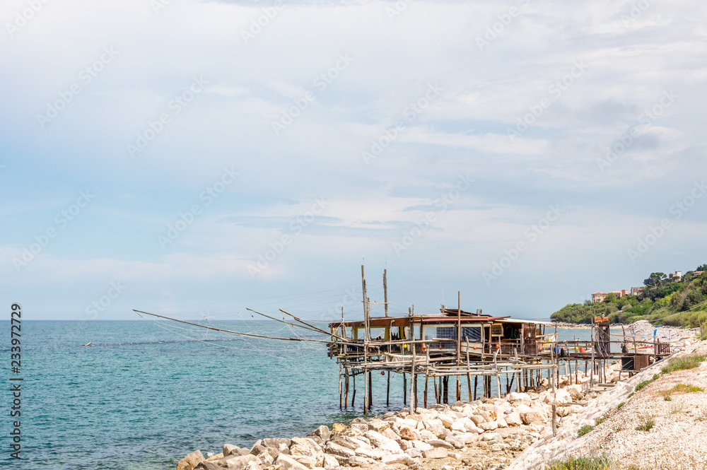 Typical trabucco in a new day on the Adriatic coast in spring