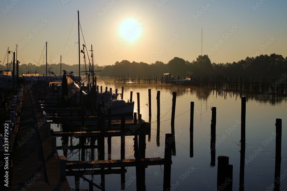 Marina dock at sunrise.
