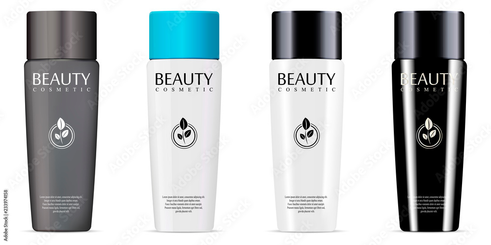 Different colors and styles cosmetic bottles set for shampoo, shower gel. Luxury cosmetics product with label and sample logo. Vector mockup illustration.