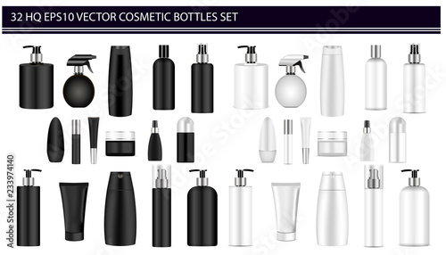 Black and White bottle mockup set. Vector illustration blank templates of empty clean black and white plastic jars: bottles with spray, dispenser and dropper, cream jar, shampoo, lotion, soap, tube.