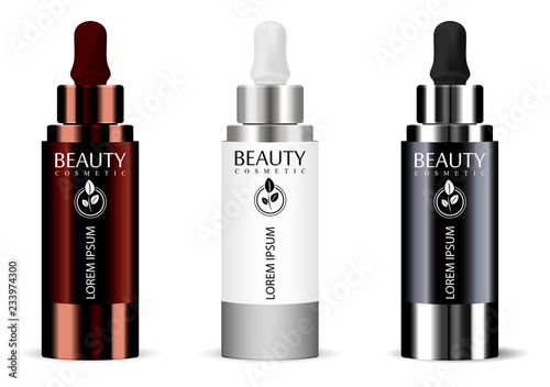 Set of realistic bottles with dropper. Mock up vector flacons illustration isolated on white. Cosmetic flask or vials for organic aroma oil, anti-aging essential, collagen serum for beauty.