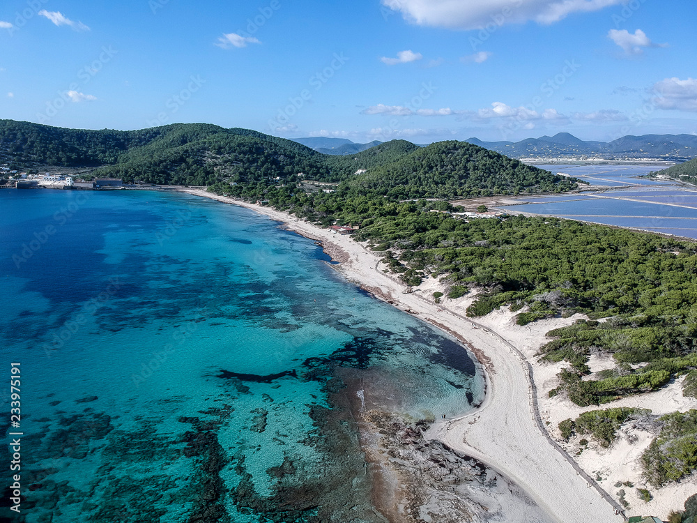 Aerial view of Ses Salines beach, Ibiza. Spain.