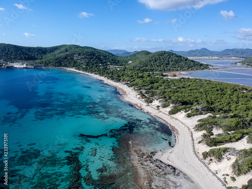 Aerial view of Ses Salines beach, Ibiza. Spain.