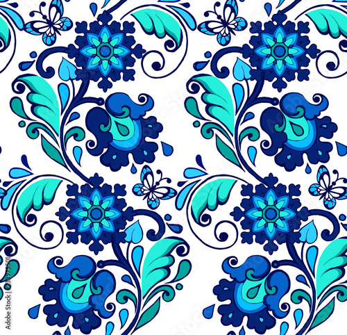Folk floral Indigo pattern. Floral wallpaper. Decorative ornament for fabric, textile, wrapping paper.