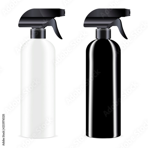 White and Black sprayer bottle with black dispenser cap. Isolated container design with pump for liquid, water, oil, tonic and other cosmetic products. Vector mockup illustration.