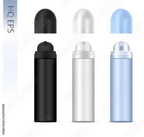 Deodorant spray aluminum can set. 3d Vector cosmetic bottles with round open caps. Illustration, Isolated on white background.
