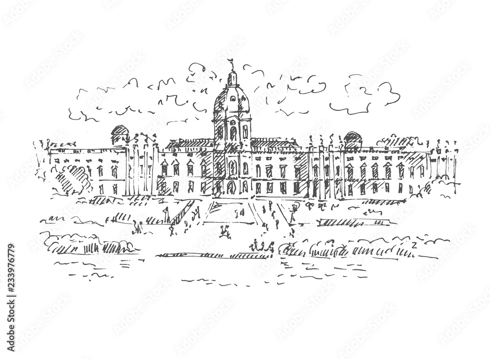 Hand drawn Charlottenburg palace and garden in Berlin, Germany. Berlin landmark. Vector illustration. Sketch. Vector.