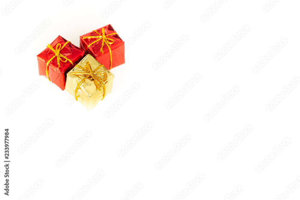 packages with presents on a white background with empty space for wishes or dedications.