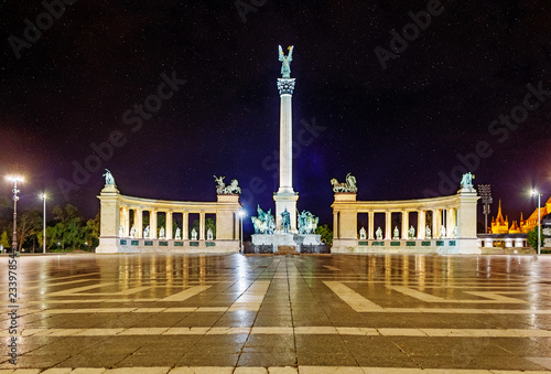Heroes square in Budapest at night with stars