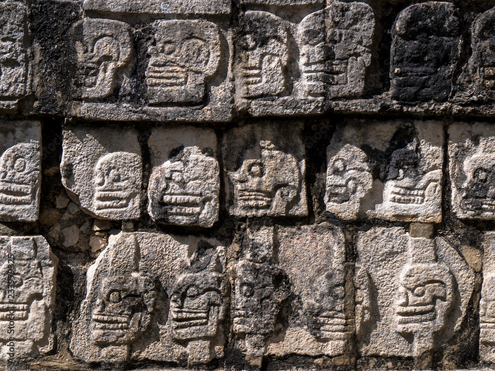Details of the skull carving on a monument in Chicen Itza, Mexico