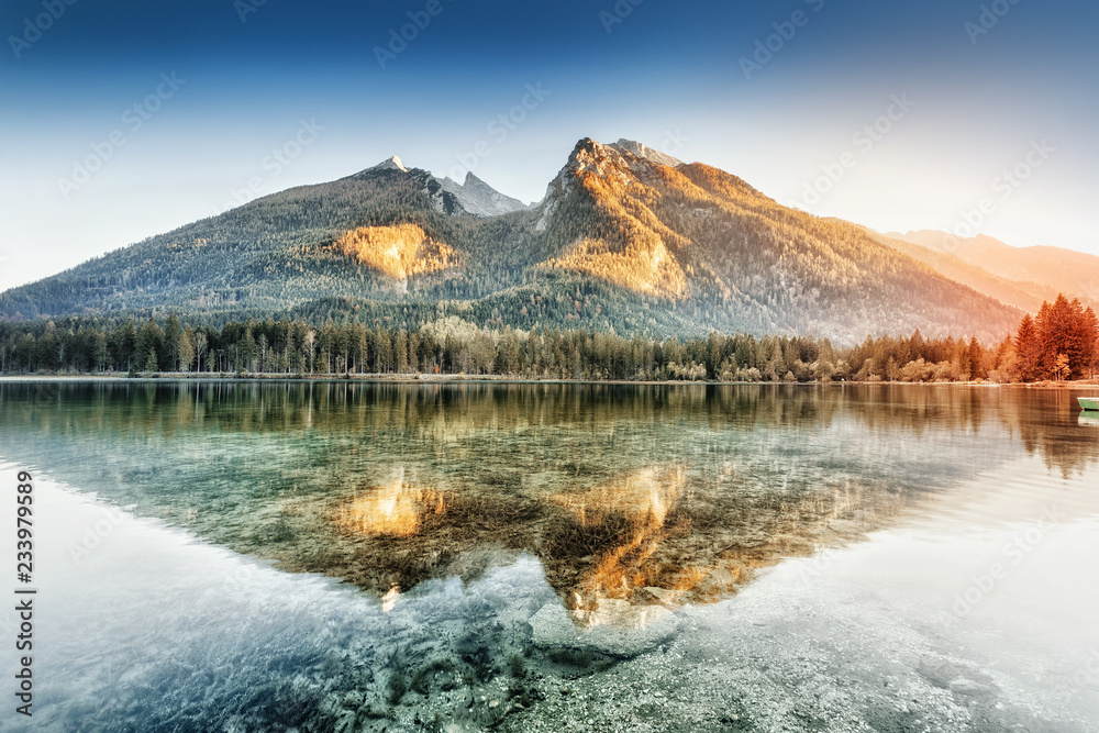 Hintersee Lake - Picturesque scenery of Great Alpine nature in Germany,  Bavaria, Europe. Scenic Autumn Landscape. Rotpalfen and Hochkalter mountain  peaks in backdrop, Berchtesgaden National Park. Stock Photo | Adobe Stock
