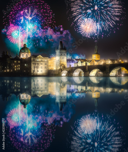Photography Beautiful fireworks above Charles bridgeat at night, Prague, Czech Republic