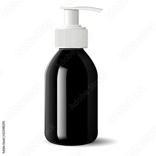 Pharmacy pump dispenser bottle for medical products, liquid, oil, serum and essence. Black glass cosmetic bottle mockup for soap, gel, base. High quality eps10 vector illustration.