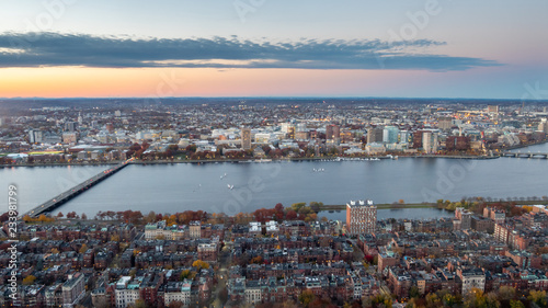 Panoramic View of the Charles River At Sunset With Downtown Boston Lightining Up