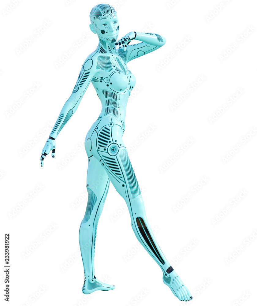 Dance robot woman. Metal azure droid. Artificial Intelligence. Conceptual fashion art. Realistic 3D render illustration. Studio, isolate, high key. Dance robot woman. Metal azure droid. Artificial Intelligence. Conceptual fashion art. Realistic 3D render illustration. Studio, isolate, high key.