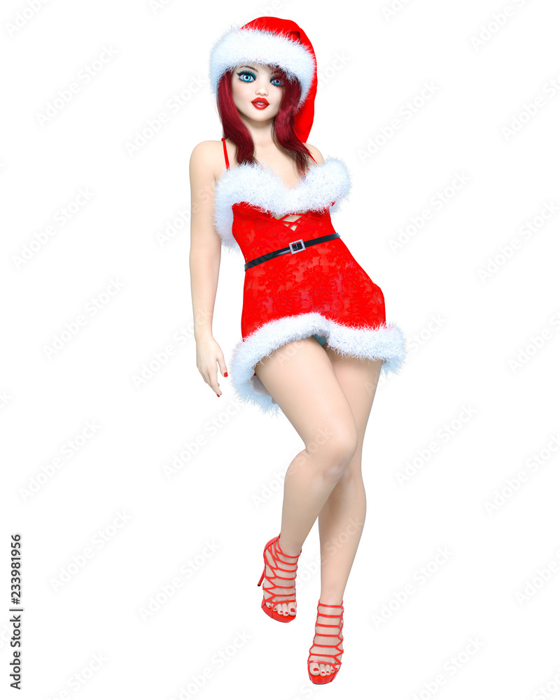 Young beautiful Santa girl doll face. Short red festive dress fur. Long red hair. Bright make up. Conceptual fashion art. Realistic 3D render illustration. Christmas, New Year. Young beautiful Santa girl doll face. Short red festive dress fur. Long red hair. Bright make up. Conceptual fashion art. Realistic 3D render illustration. Christmas, New Year.