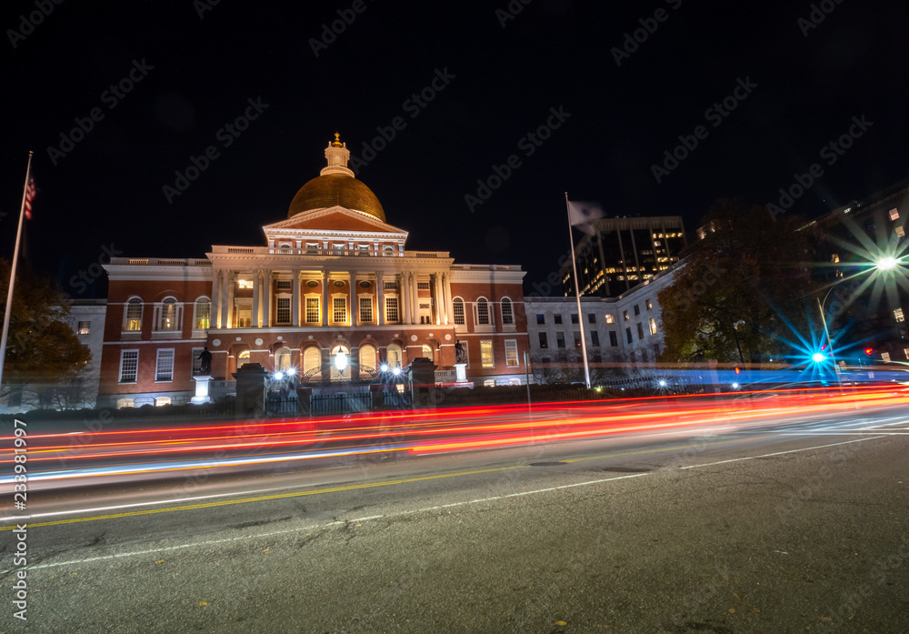 Car Trail Lights in front of the Massachusetts State House