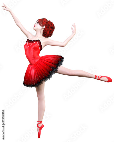 Dancing ballerina.Red ballet tutu.Redhead girl with blue eyes.Ballet dancer.Studio photography.High key.Conceptual fashion art.3D render realistic illustration.White background.