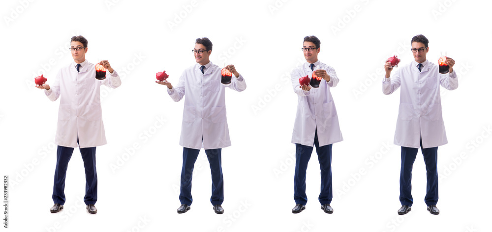 Doctor in blood donation concept isolated on white Doctor in blood donation concept isolated on white