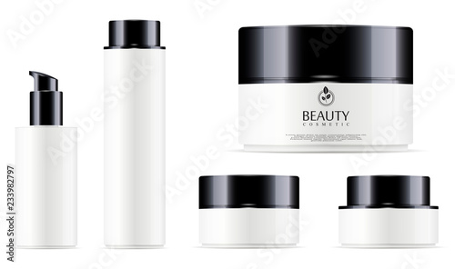 Glossy white cosmetic bottle for facial toner, hair shampoo or shower gel and round white plastic jar with black lid for cosmetics - body cream, butter, salt, powder. Vector template. 