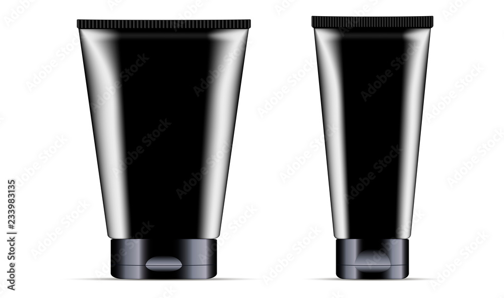 Cream or ointment cosmetic tubes set with black color design. Realistic package vector illustration. 3d mockup template isolated on white. Cream or ointment cosmetic tubes set with black color design. Realistic package vector illustration. 3d mockup template isolated on white.