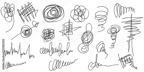 Big set of hand drawn scribble shapes.  Collection of abstract objects in duddles style. Continuous line.Vector.Isolated on white background. photo