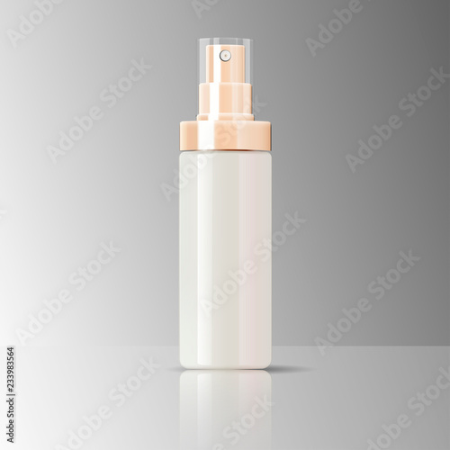 Cosmetics bottle can sprayer container in realistic glossy glass or plastic material. Atomizer dispenser spray mockup template for cosmetics or medical products. Vector illustration.