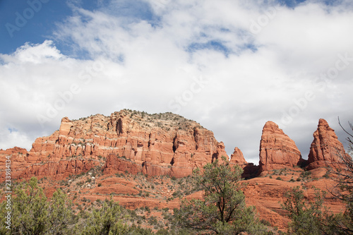 view of red rock formations called Elephant and Two Nuns along Little Horse Trail in Sedona Arizona