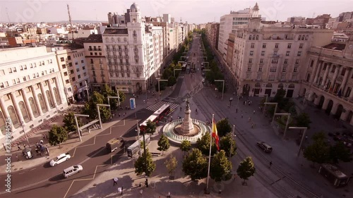 City center Zaragoza with trams seen from above. Aragon, Spain – wide shot