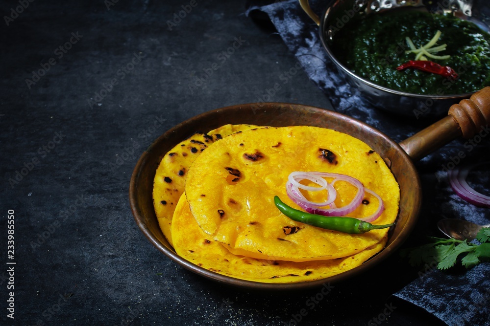 Sarson ka saag and Makki ki roti /Indian corn bread with mustard leaves