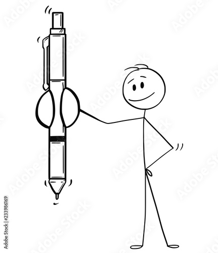 Cartoon stick drawing conceptual illustration of man or businessman offering a ballpoint pen to sign a contract or fill out some document.