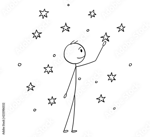 Cartoon stick drawing conceptual illustration of man touching stars on the sky.