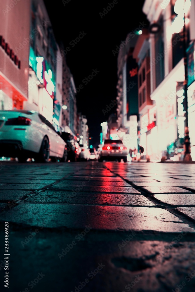 city street at night from low angle. street floor isolated
