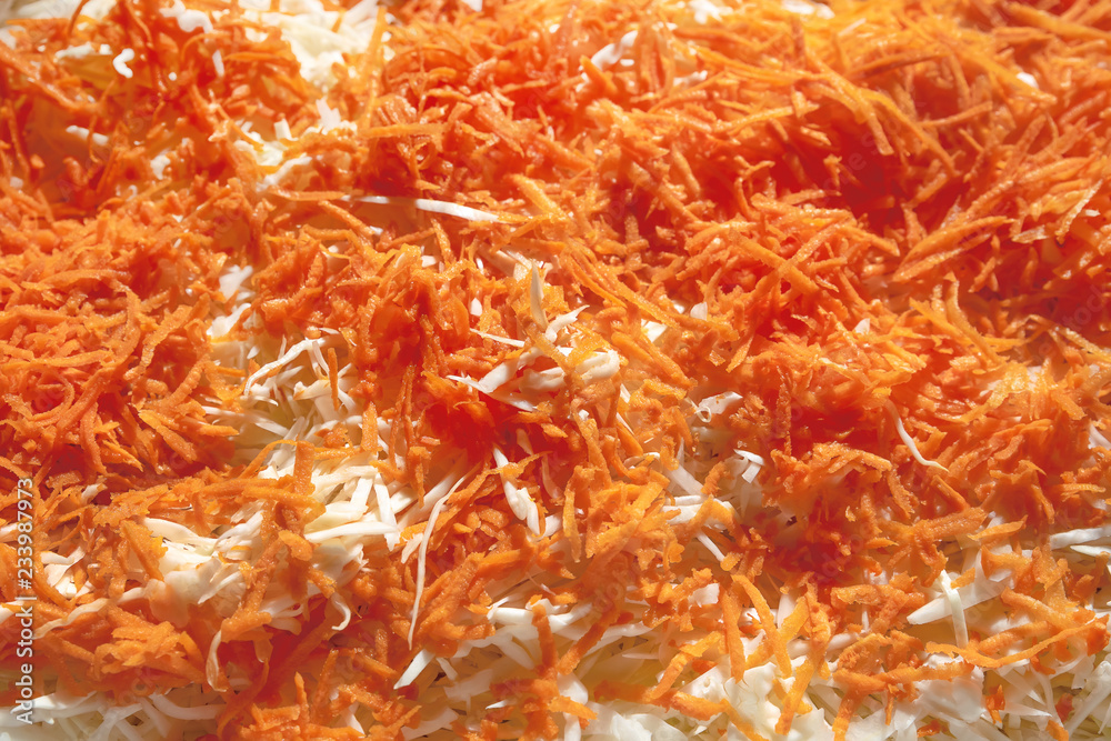 Fototapeta premium Vegetable salad. Shredded carrots, cabbage, close up
