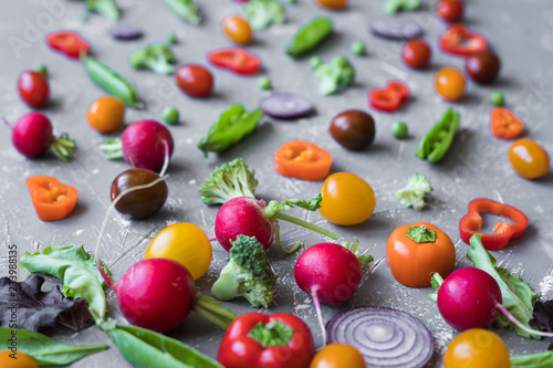 Fresh organic vegetables close up. Radish, green peas, broccoli, tomato and onion on grey background. © fedorovacz