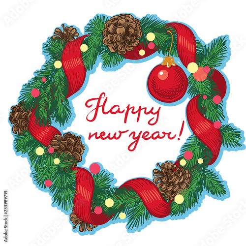 Frame for the new year, with fir branches, ribbon and cones
