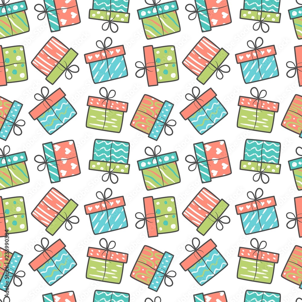 Seamless pattern with hand drawn gift boxes. Vector illustration.