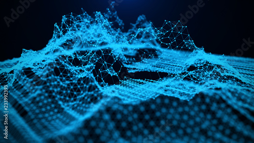 3d futuristic illustration. Digital landscape for presentations. Big data techno background with glowing dots. Sound wave. Technology background