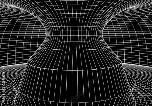 Tunnel or wormhole. Digital 3d wireframe tunnel. 3D tunnel grid. Network cyber technology. Surrealism. Background abstract vector image