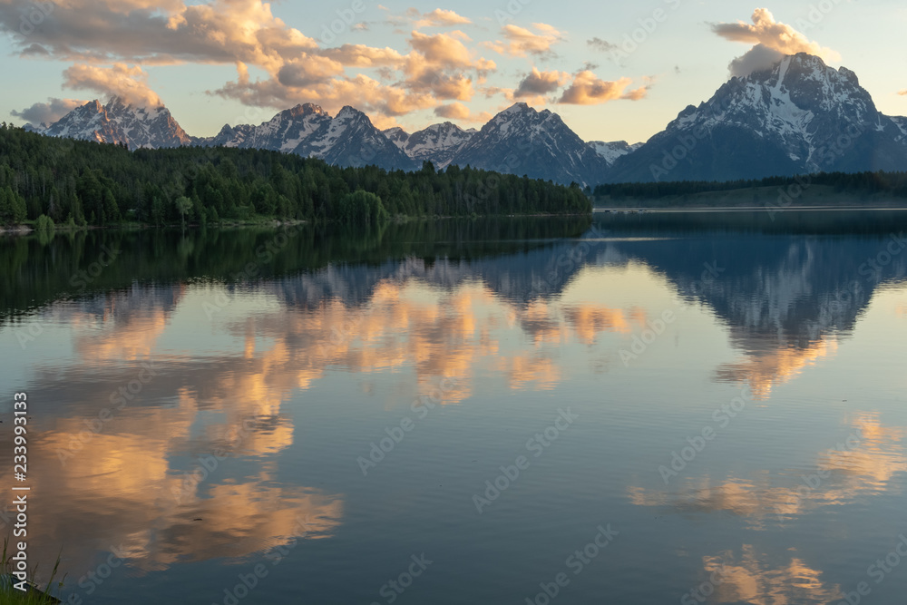 Jackson Lake Reflects clouds with pine Trees and Tetons