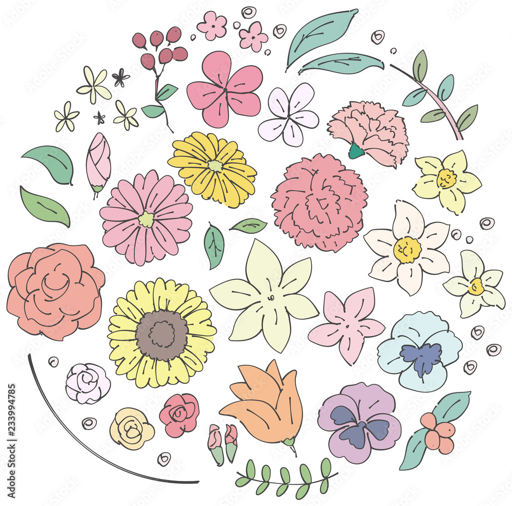 様々な花のイラストのセット シンプルカラー Stock Vector Adobe Stock