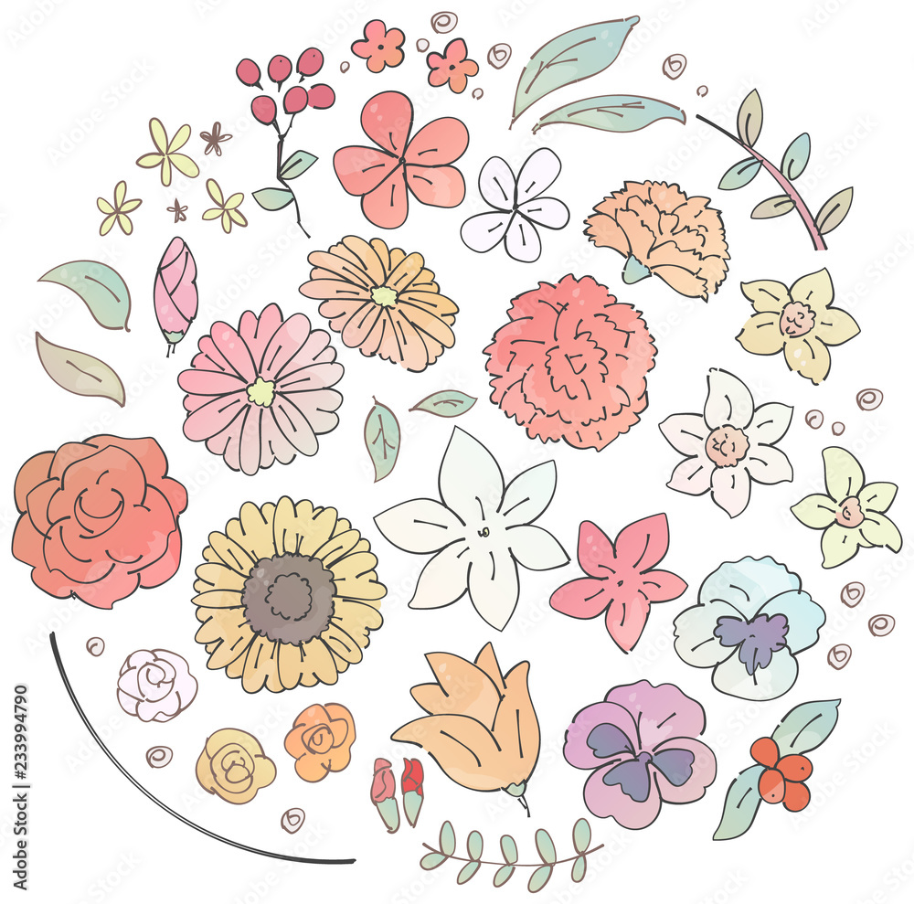 様々な花のイラストのセット 水彩風 Stock Vector Adobe Stock
