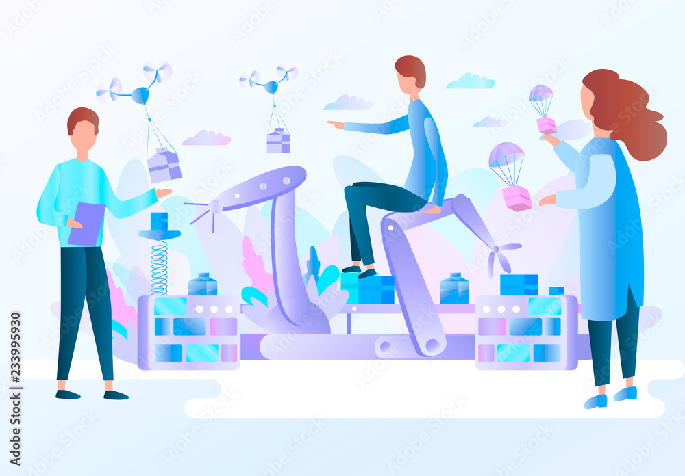 Robotic hands and conveyor belt, controlled by engineer. Flat vector concept Infographic Robotic hands and conveyor belt, controlled by engineer. Flat vector concept Infographic