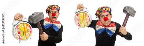 Funny clown with hammer and clock on white